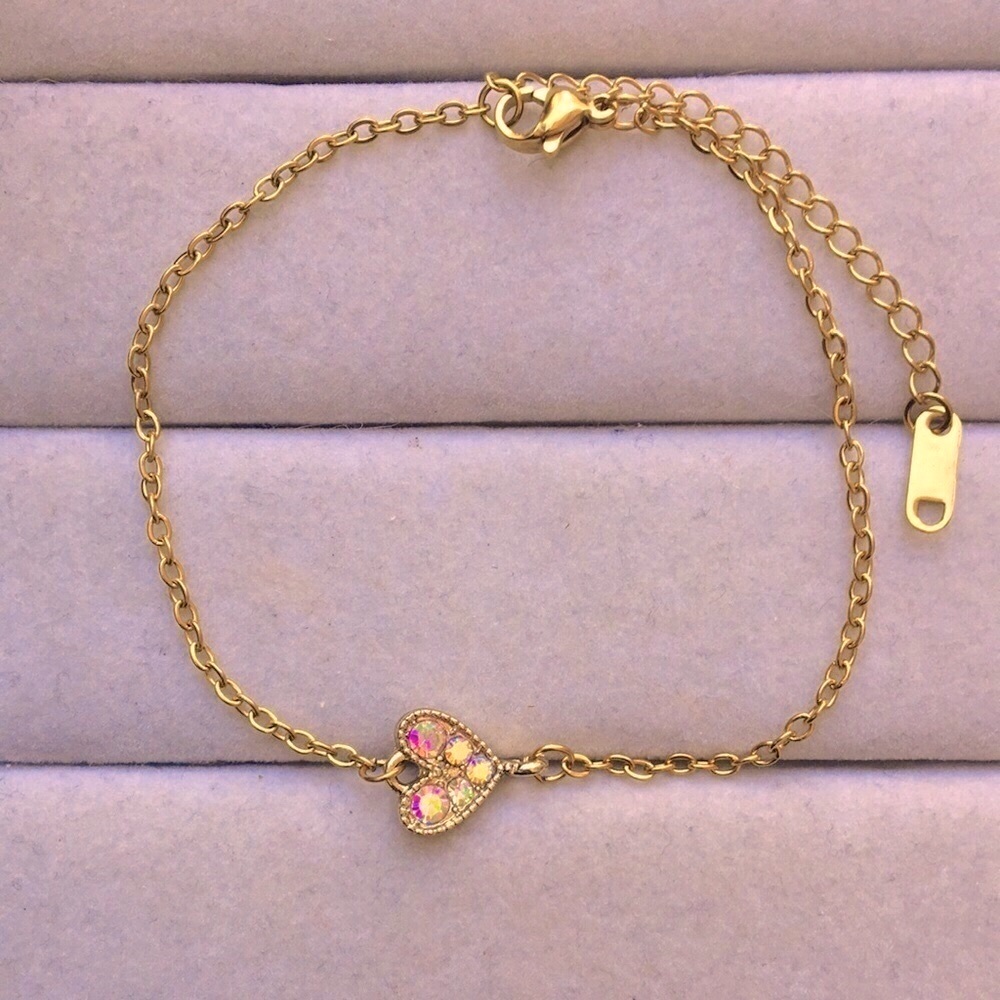 Aurora Borealis Pave + Gold Crystal Heart Boho Stacking Bracelet